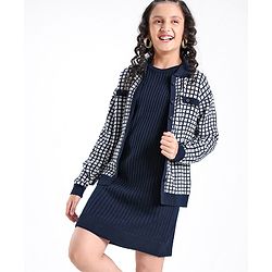 Pine Kids Knit Full Sleeves Sweater Set Checkered - Blue