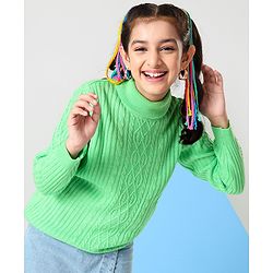 Pine Kids Knit Full Sleeves Sweater With Cable Knit Design - Green