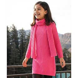 Pine Kids Full Sleeve Woolen Dress With Scarf - Pink