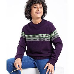 Pine Kids Knit Full Sleeves Fair Isle Design Sweater - Violet