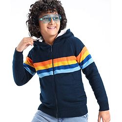Pine Kids Full Sleeves Hooded Sweater with Zipper & Multicolour Stripes Design - Navy Blue