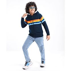 Pine Kids Full Sleeves Hooded Sweater with Zipper & Multicolour Stripes Design - Navy Blue