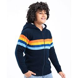Pine Kids Full Sleeves Hooded Sweater with Zipper & Multicolour Stripes Design - Navy Blue