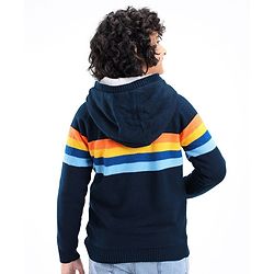 Pine Kids Full Sleeves Hooded Sweater with Zipper & Multicolour Stripes Design - Navy Blue