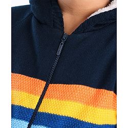 Pine Kids Full Sleeves Hooded Sweater with Zipper & Multicolour Stripes Design - Navy Blue