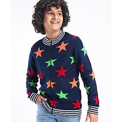 Pine Kids Full Sleeves Star Knit Front Open with Zipper Sweater - Navy
