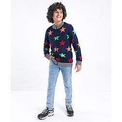 Pine Kids Full Sleeves Star Knit Front Open with Zipper Sweater - Navy