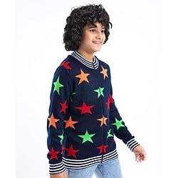 Pine Kids Full Sleeves Star Knit Front Open with Zipper Sweater - Navy
