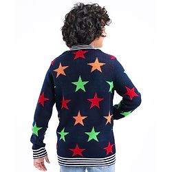 Pine Kids Full Sleeves Star Knit Front Open with Zipper Sweater - Navy