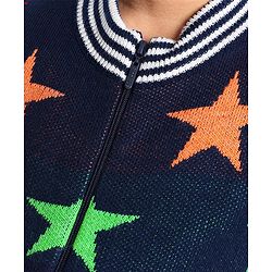 Pine Kids Full Sleeves Star Knit Front Open with Zipper Sweater - Navy