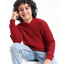 Pine Kids Knit Full Sleeves Shawl Collar Sweater Cable Knit Design - Rust