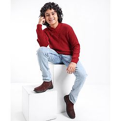 Pine Kids Knit Full Sleeves Shawl Collar Sweater Cable Knit Design - Rust