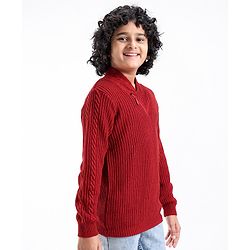 Pine Kids Knit Full Sleeves Shawl Collar Sweater Cable Knit Design - Rust