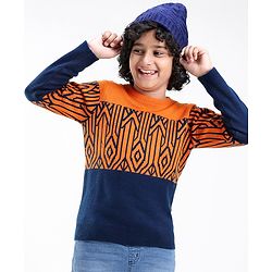 Pine Kids Knit Full Sleeves Abstract Design Sweater - Orange & Black