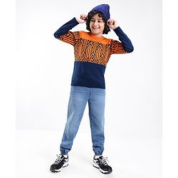 Pine Kids Knit Full Sleeves Abstract Design Sweater - Orange & Black