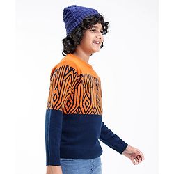Pine Kids Knit Full Sleeves Abstract Design Sweater - Orange & Black