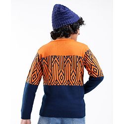 Pine Kids Knit Full Sleeves Abstract Design Sweater - Orange & Black