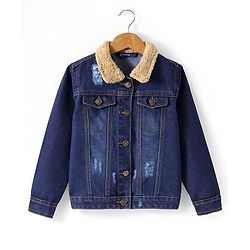Pine Kids Full Sleeves  Washed Denim Jackets With Furr Collar - Blue
