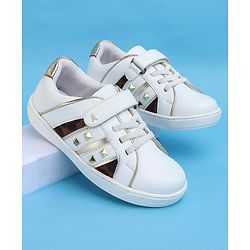 Pine Kids Velcro Closure Striped Casual Shoes with Applique - White