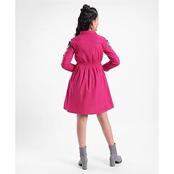 Pine Kids Cotton Full Sleeves Solid Color Embroidered Frock - Pink