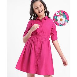 Pine Kids Cotton Full Sleeves Solid Color Embroidered Frock - Pink