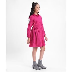 Pine Kids Cotton Full Sleeves Solid Color Embroidered Frock - Pink