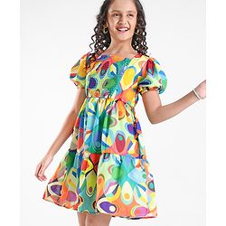 Pine Kids 100% Viscose Half Sleeves Dress Abstract Print- Green Blue & Orange