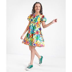 Pine Kids 100% Viscose Half Sleeves Dress Abstract Print- Green Blue & Orange