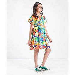 Pine Kids 100% Viscose Half Sleeves Dress Abstract Print- Green Blue & Orange