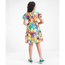 Pine Kids 100% Viscose Half Sleeves Dress Abstract Print- Green Blue & Orange