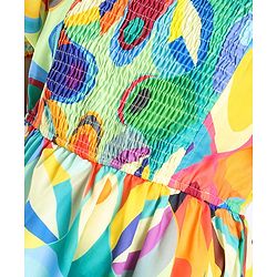 Pine Kids 100% Viscose Half Sleeves Dress Abstract Print- Green Blue & Orange