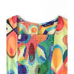 Pine Kids 100% Viscose Half Sleeves Dress Abstract Print- Green Blue & Orange