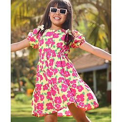 Pine Kids 100% Cotton Puff Half Sleeves Frock Floral Print- Pink & Yellow