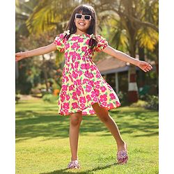 Pine Kids 100% Cotton Puff Half Sleeves Frock Floral Print- Pink & Yellow