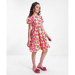 Pine Kids 100% Cotton Puff Half Sleeves Frock Floral Print- Pink & Yellow