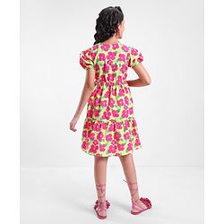 Pine Kids 100% Cotton Puff Half Sleeves Frock Floral Print- Pink & Yellow