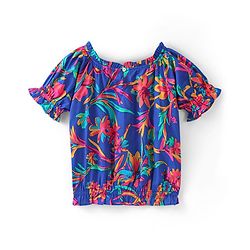 Pine Kids 100% Cotton Woven Half Sleeves Elasticated Neck Floral Print Top - Blue