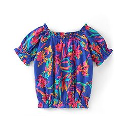 Pine Kids 100% Cotton Woven Half Sleeves Elasticated Neck Floral Print Top - Blue
