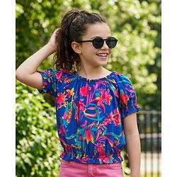 Pine Kids 100% Cotton Woven Half Sleeves Elasticated Neck Floral Print Top - Blue
