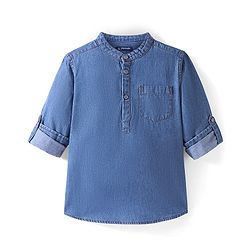 Pine Kids Denim Full Sleeves Washed Shirt With Mandarin Collar- Mid Blue