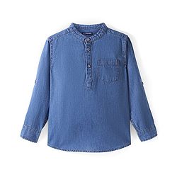 Pine Kids Denim Full Sleeves Washed Shirt With Mandarin Collar- Mid Blue