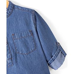 Pine Kids Denim Full Sleeves Washed Shirt With Mandarin Collar- Mid Blue