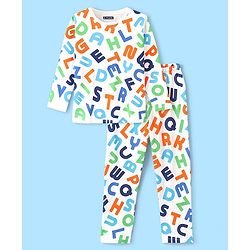 Pine Kids Cotton Knit Full Sleeves Alphabet Printed Night Suit - Multicolour
