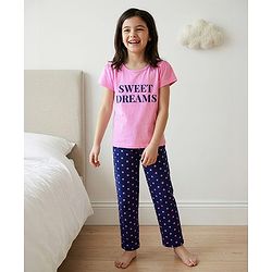 Pine Kids Half Sleeve Text Print & Polka Dot Night Suit - Pink & Navy Blue
