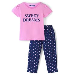 Pine Kids Half Sleeve Text Print & Polka Dot Night Suit - Pink & Navy Blue