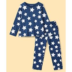 Pine Kids Cotton Full Sleeves Night Suit With Polka Print All Over Star Printed - Blue