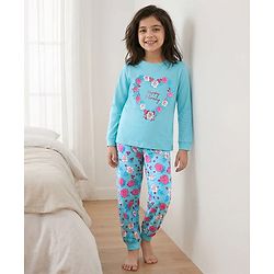 Pine Kids 100% Cotton Knit Full Sleeves Floral Printed Night Suit - Tanager Turquoise
