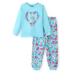 Pine Kids 100% Cotton Knit Full Sleeves Floral Printed Night Suit - Tanager Turquoise