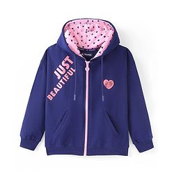Pine Kids 100% Cotton Knit Full Sleeves Hooded Sweat Jacket with Heart Print - Blue