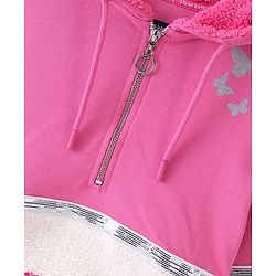 Pine Kids Full Sleeve Hooded Front Open Biowashed Sweatshirt with Glitter Butterflies - Fuchsia